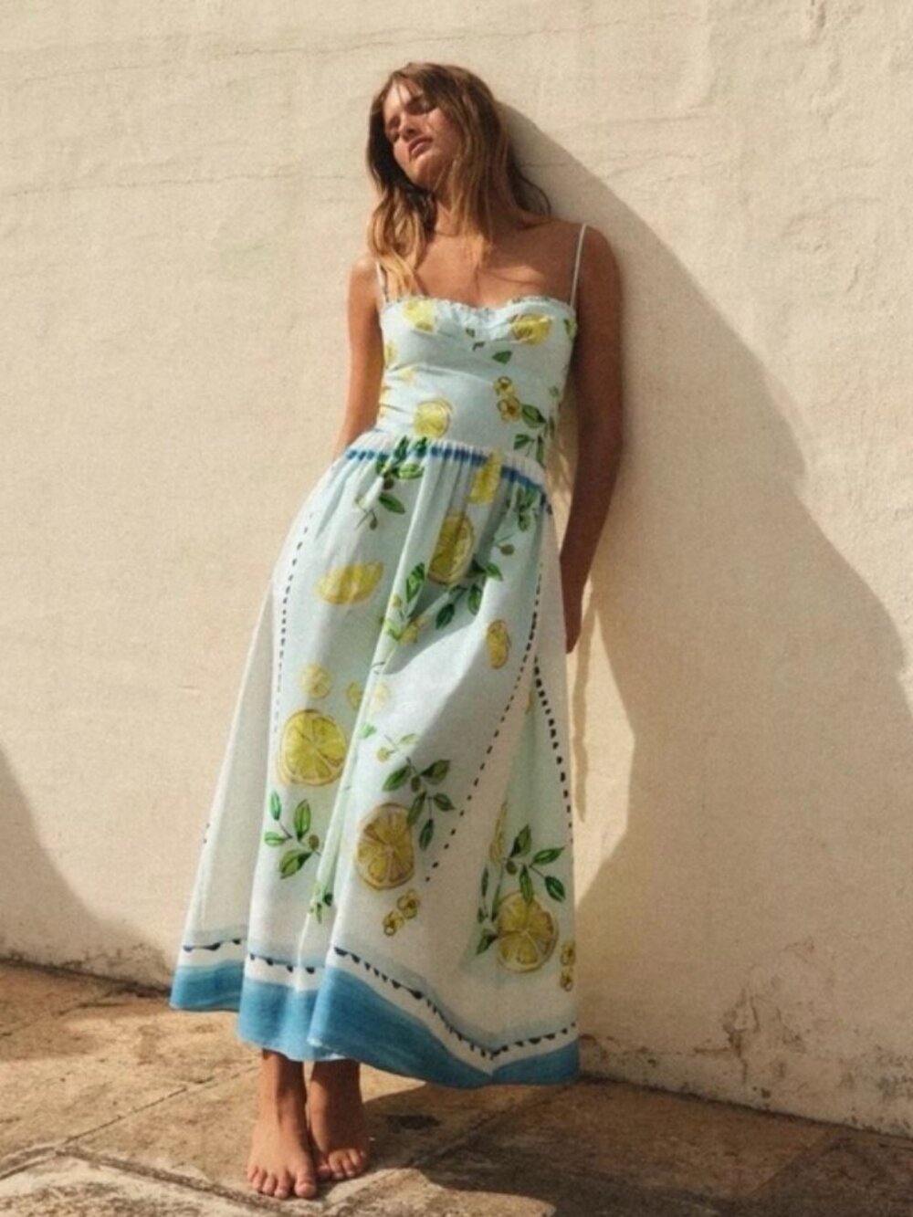 NWT ZARA LEMON PRINT POPLIN MIDI DRESS M